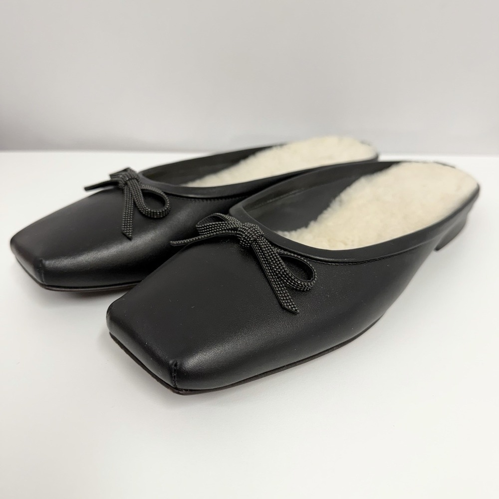 Brunello Cucinelli Leather & Sheepskin Mules Shoes Black Monili Bows 38 1/2 8.5B - Picture 8 of 11